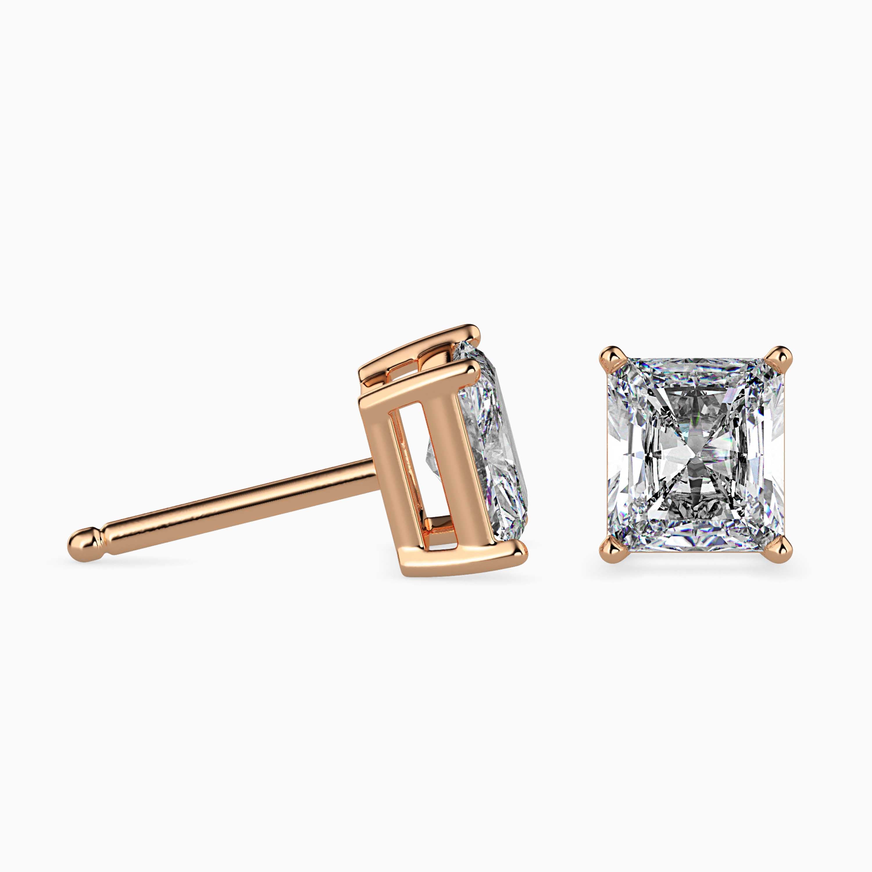 radiant prong set diamond stud earrings in rose gold
