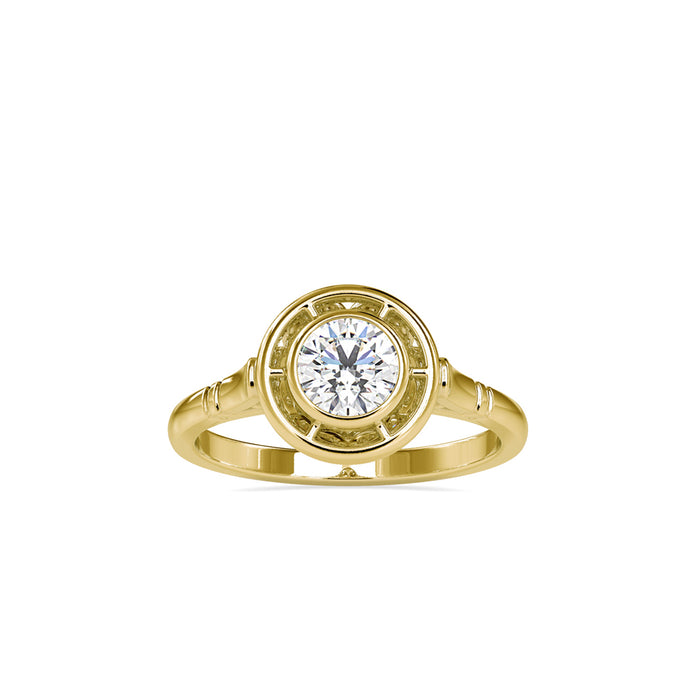 round cut bezel halo lab-grown diamond ring in yellow gold
