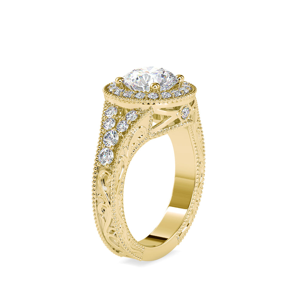 round cut halo lab-grown diamond ring in yellow gold