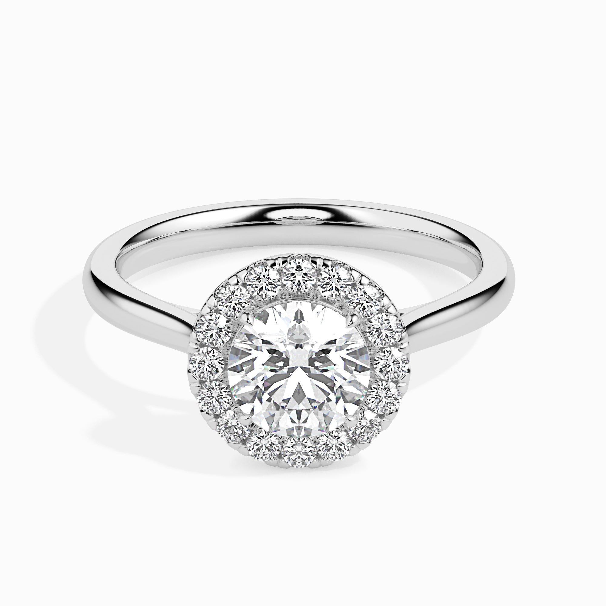 round cut halo diamond ring in white gold