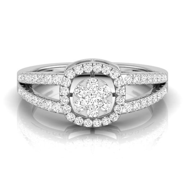 split shank round cluster diamond ring in white gold