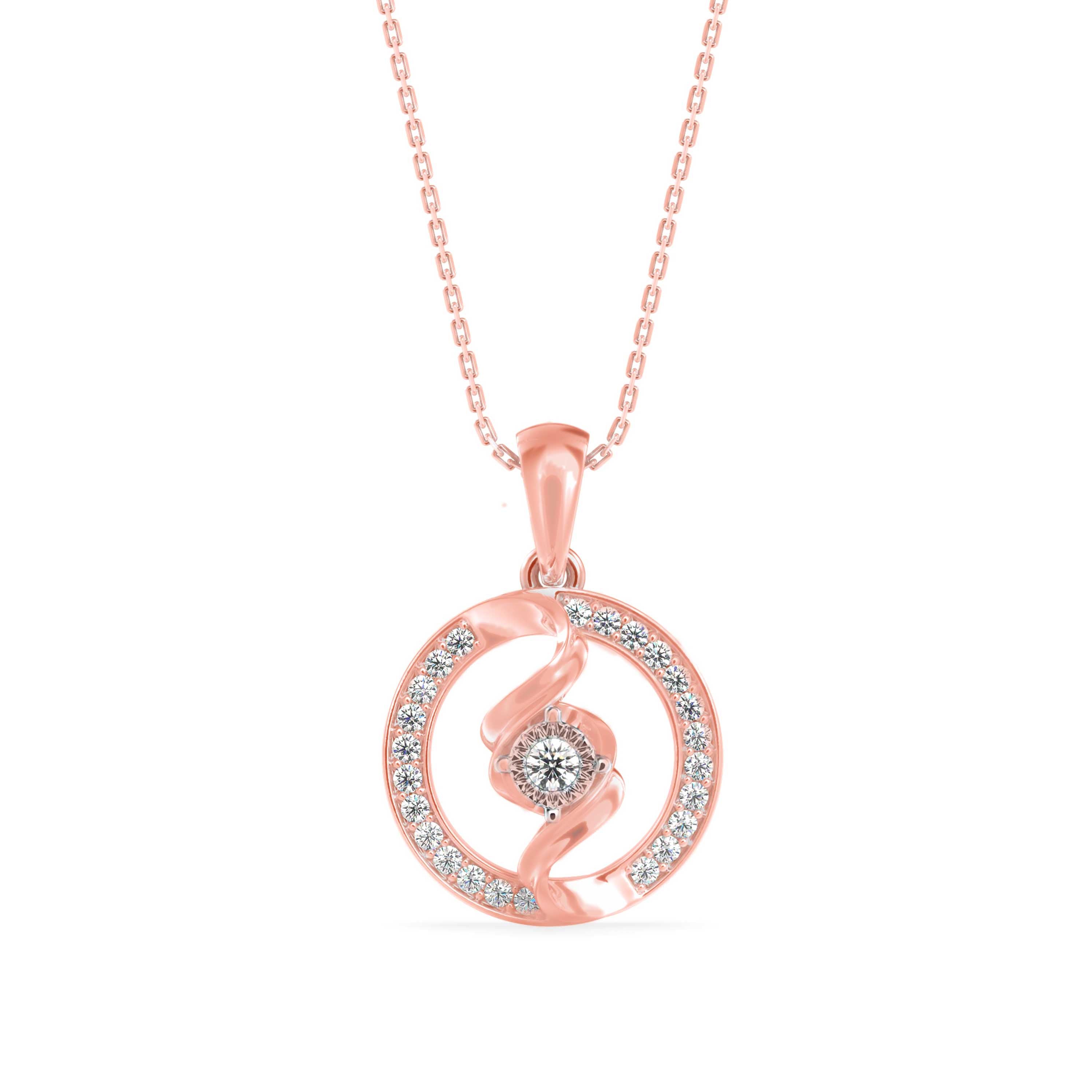 swirl circular halo diamond pendant necklace in rose gold