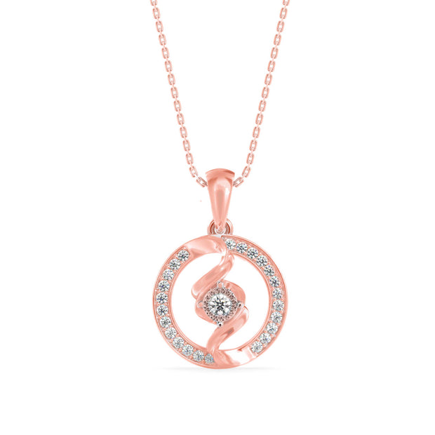 swirl circular halo diamond pendant necklace in rose gold