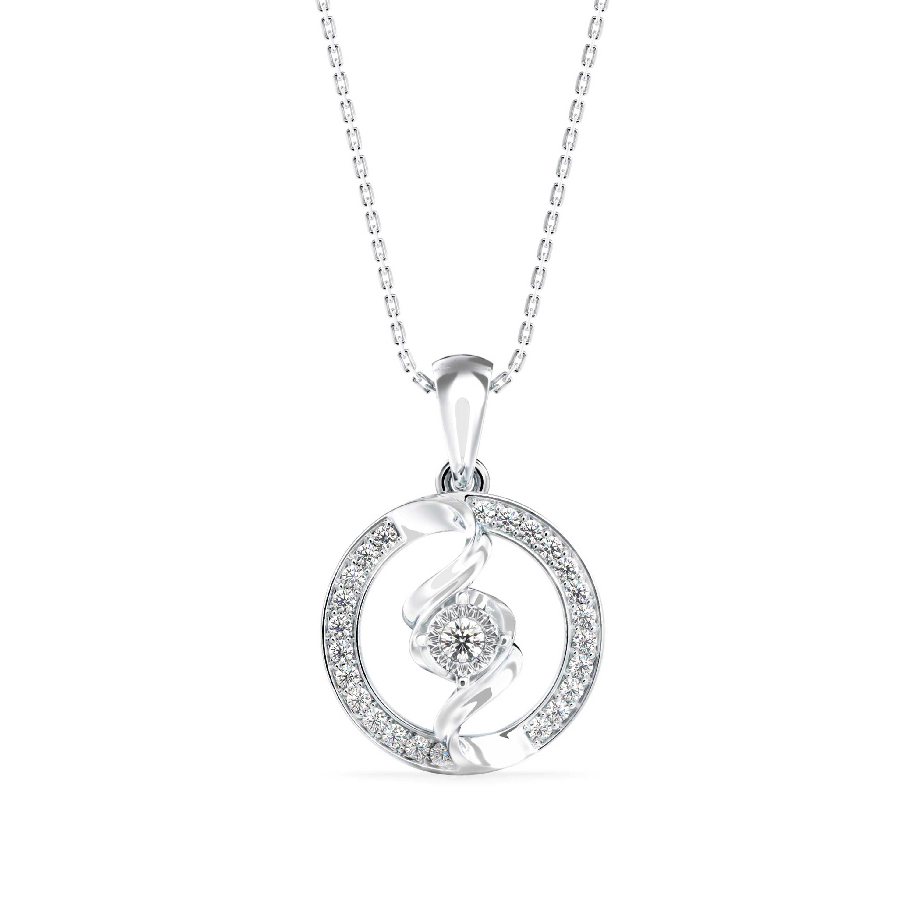 swirl circular halo diamond pendant necklace in white gold