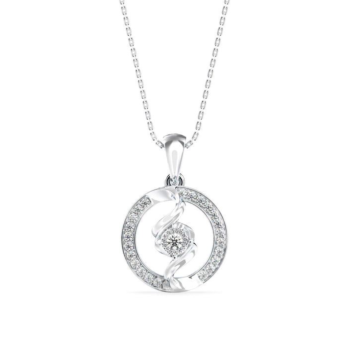 swirl circular halo diamond pendant necklace in white gold