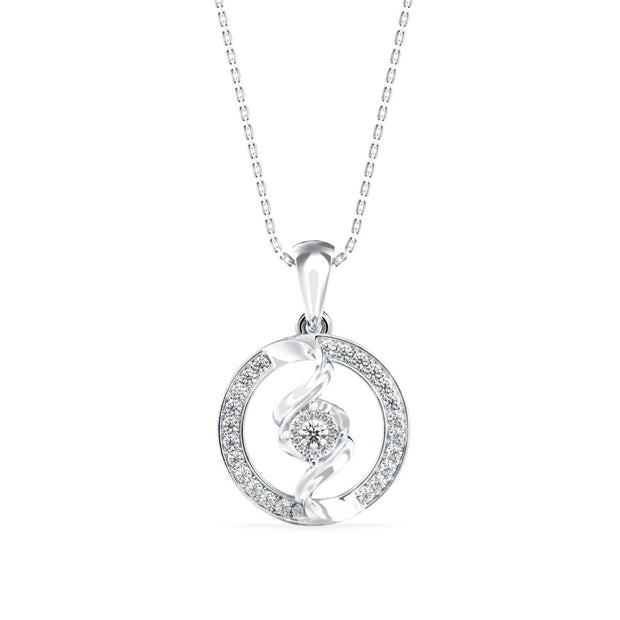 swirl circular halo diamond pendant necklace in white gold