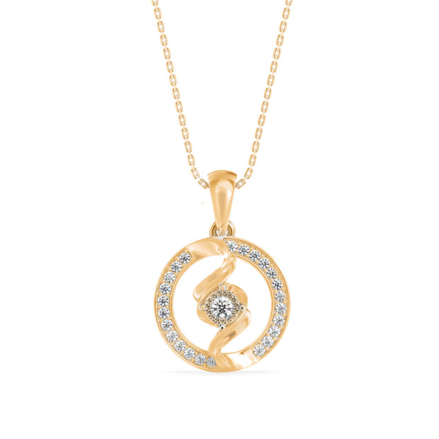 swirl circular halo diamond pendant necklace in yellow gold