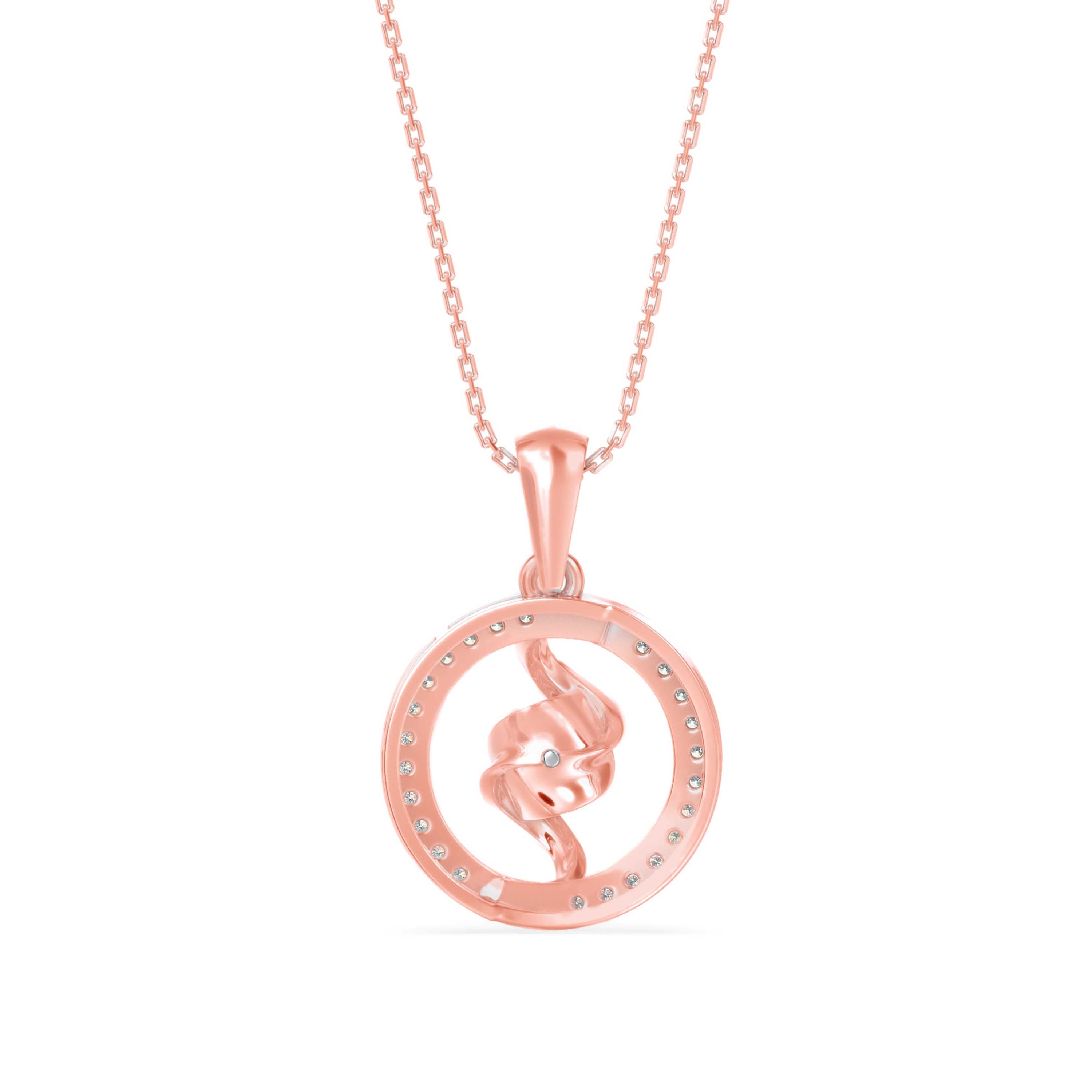 swirl circular halo diamond pendant necklace in rose gold