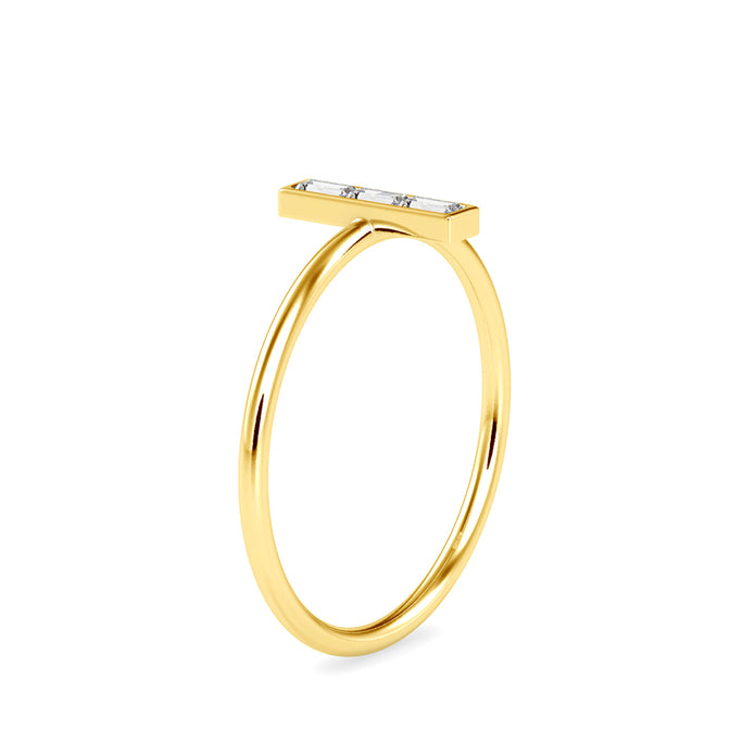 baguette cut three stone lab-grown diamond ring in yellow gold