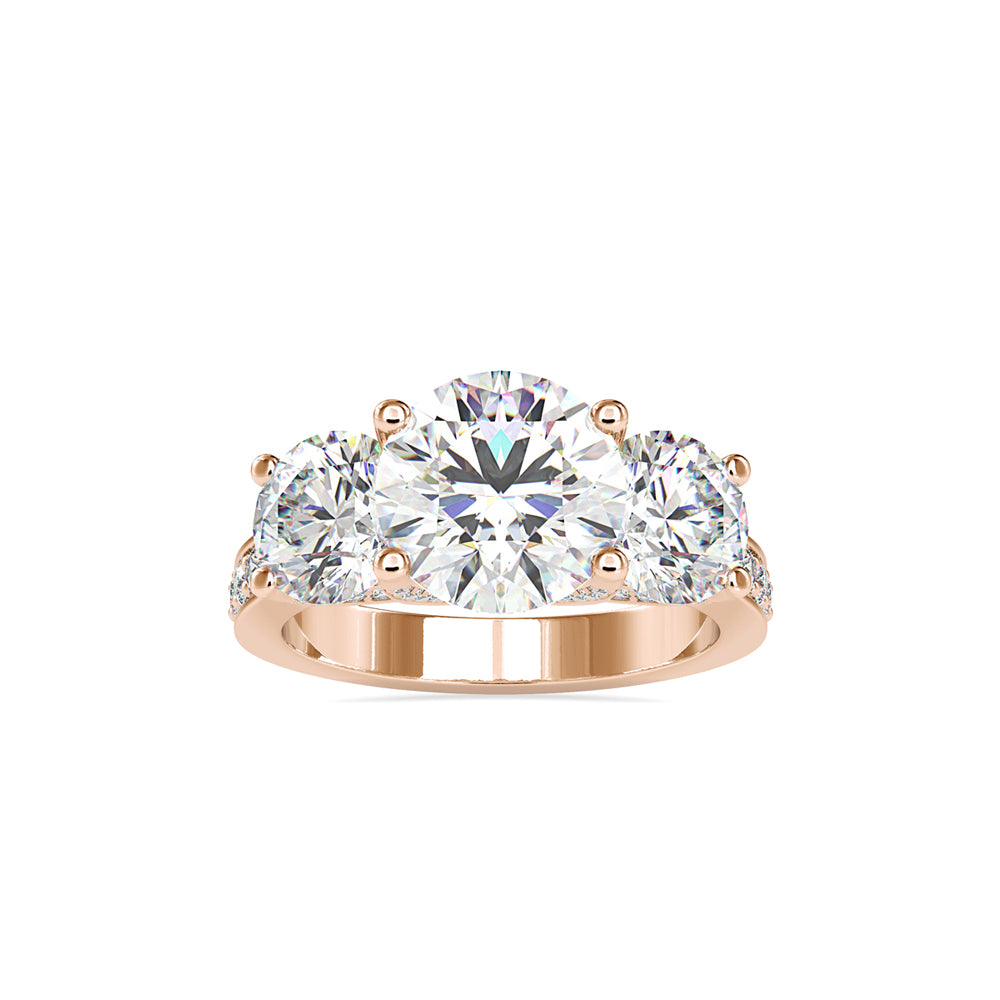 round cut three stone lab-grown diamond ring in rose gold