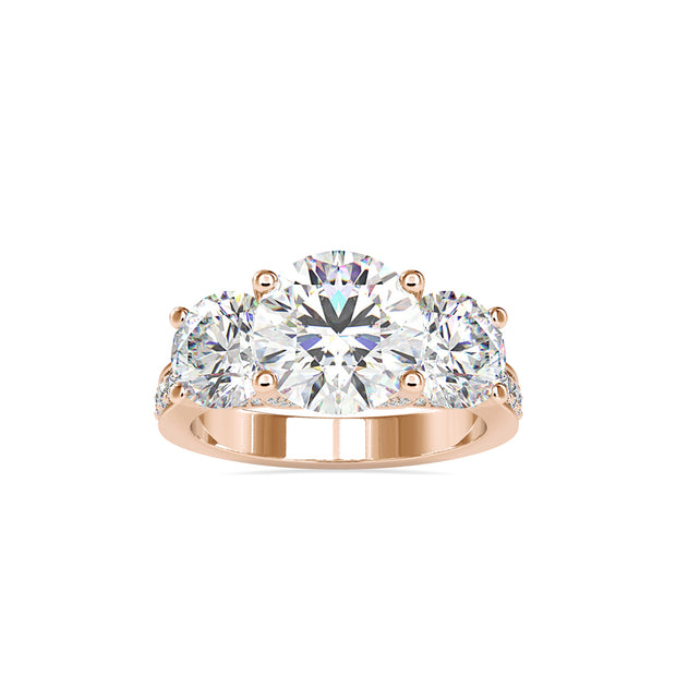 round cut three stone lab-grown diamond ring in rose gold
