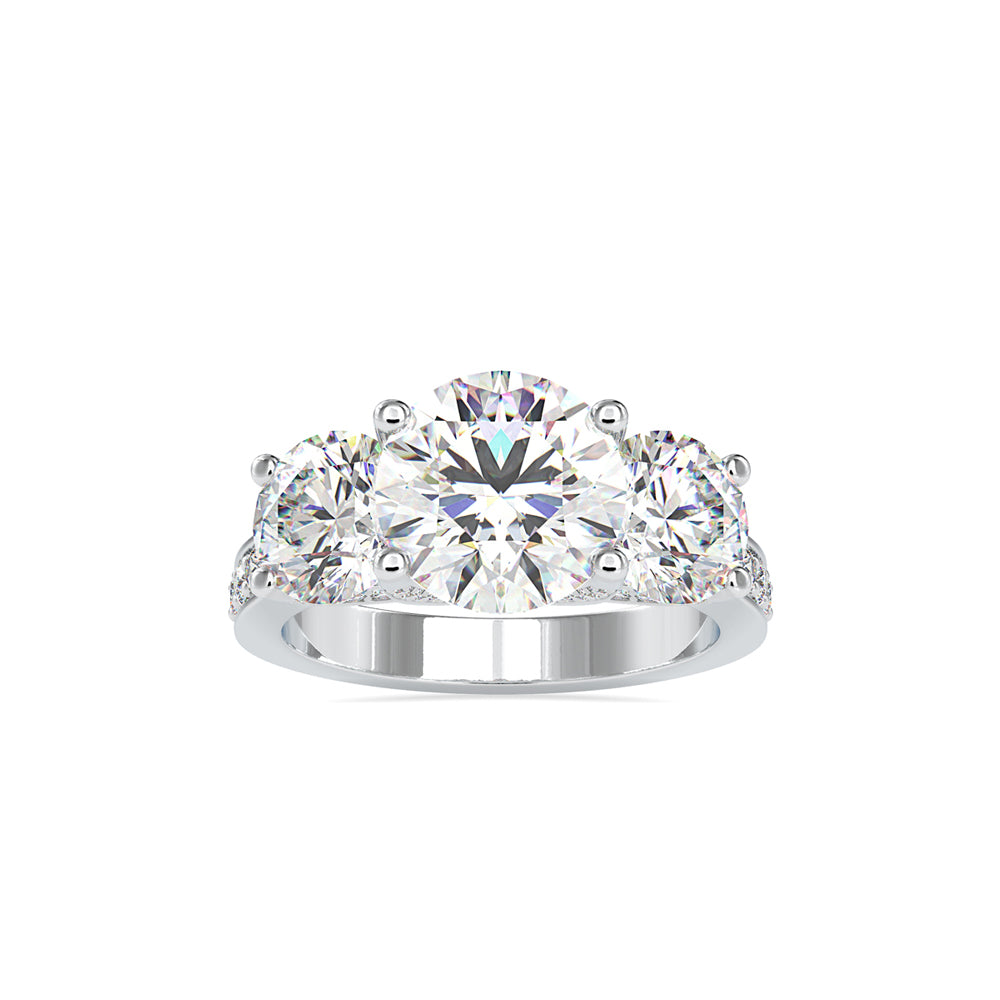 round cut three stone lab-grown diamond ring in white gold