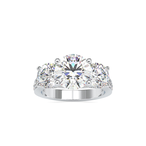 round cut three stone lab-grown diamond ring in white gold