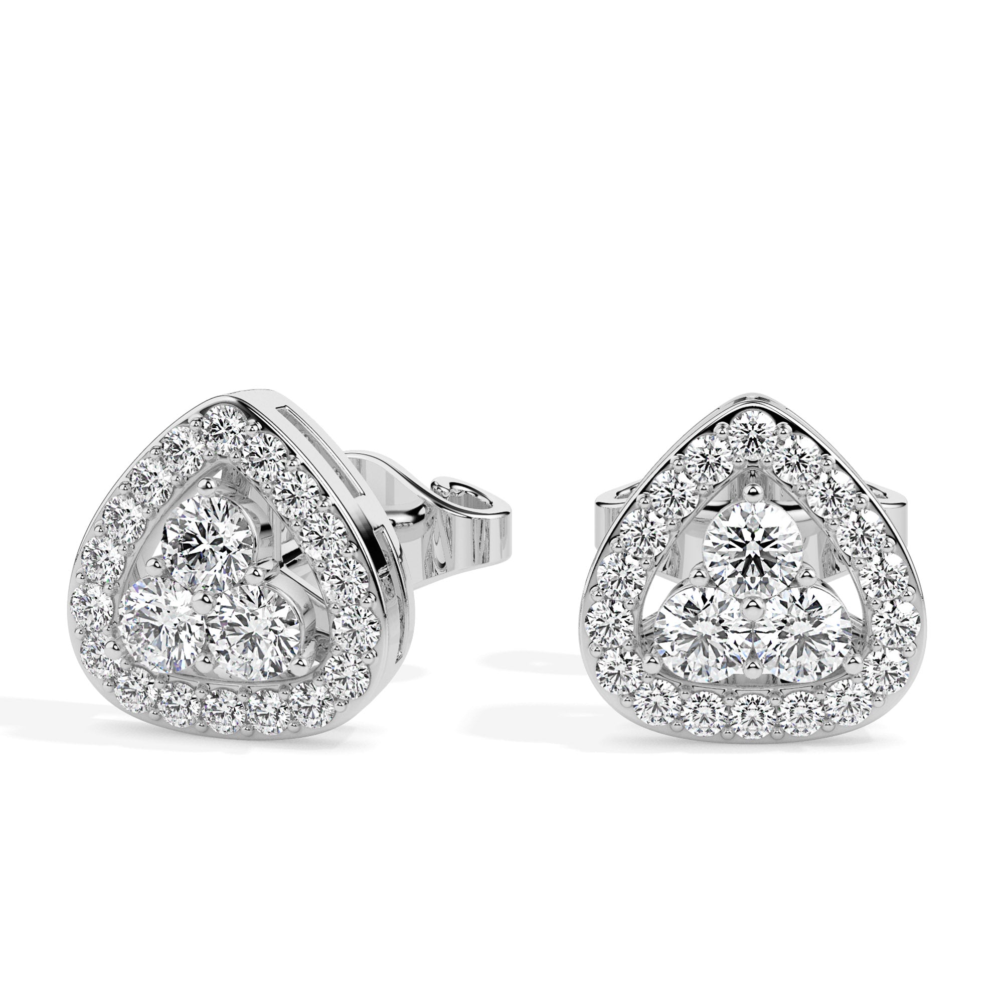 triangle cluster halo diamond stud earrings in white gold