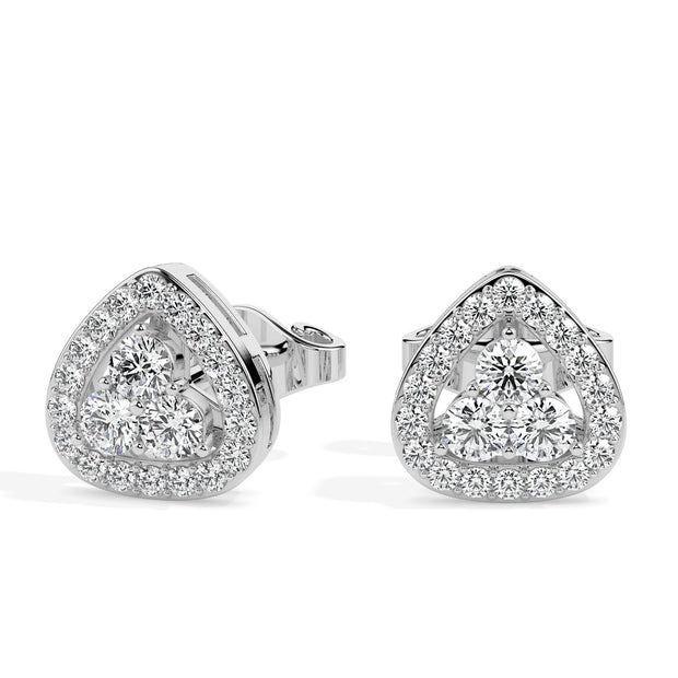 triangle cluster halo diamond stud earrings in white gold