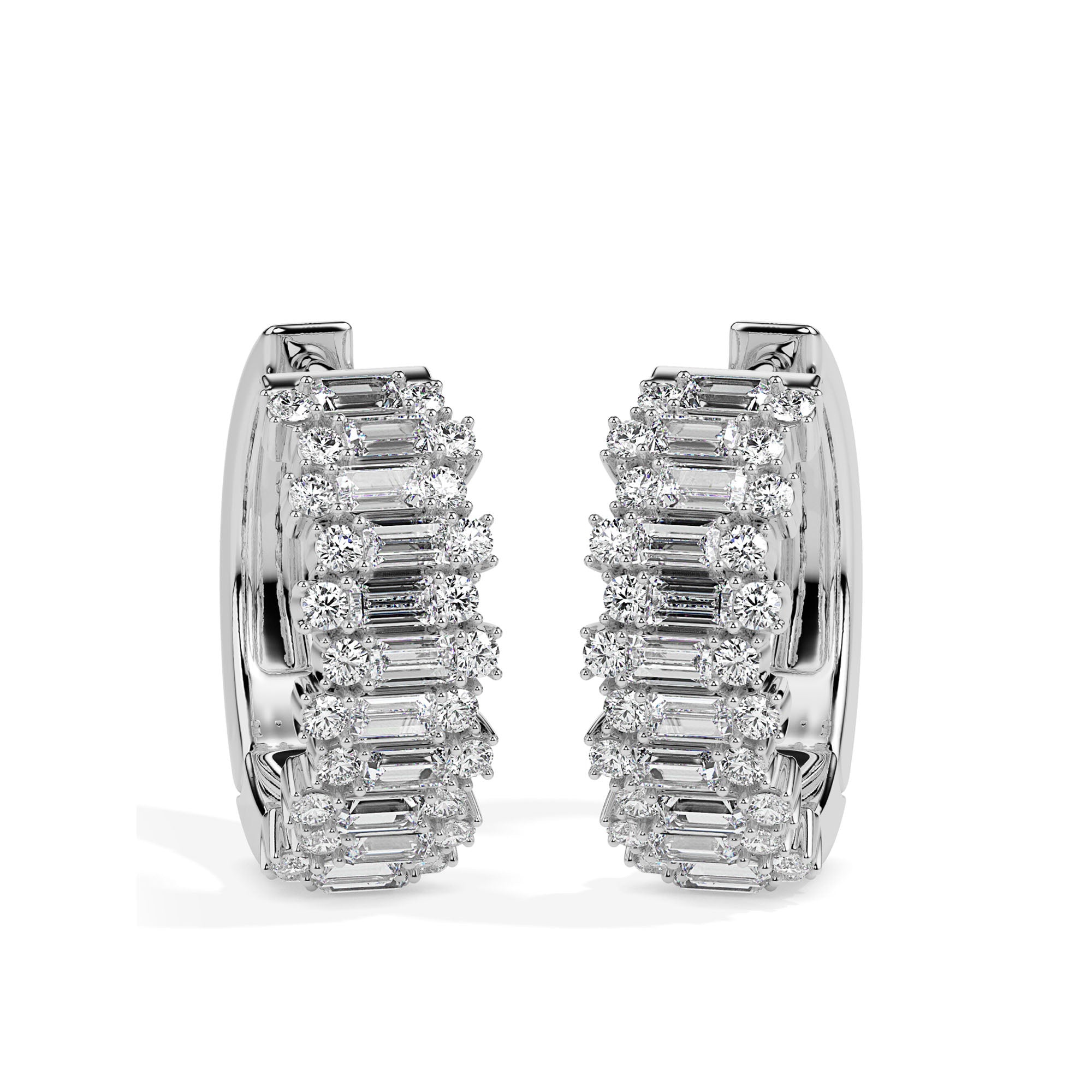 triple row diamond hoop earrings in white gold