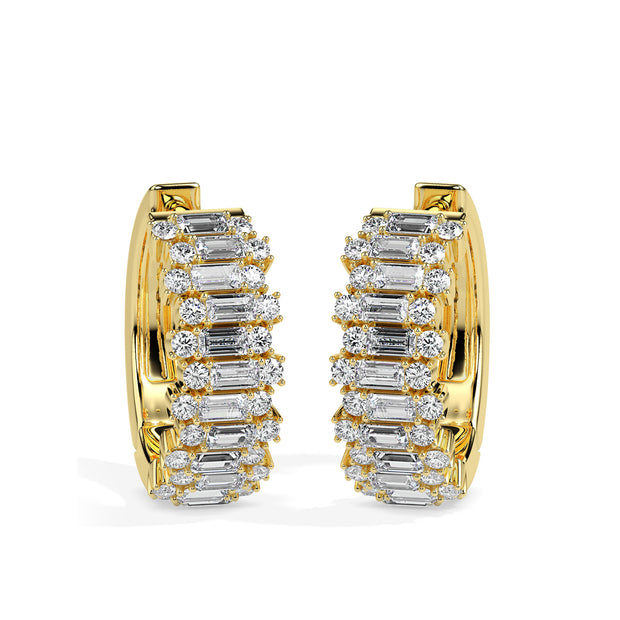 triple row diamond hoop earrings in yellow gold
