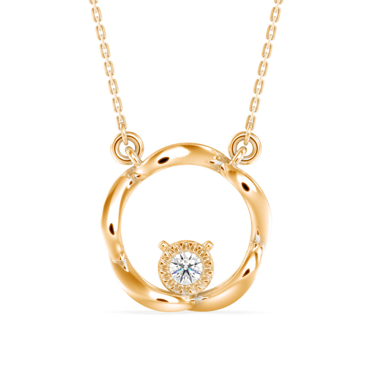twisted circular prong lab-grown diamond pendant necklace in yellow gold