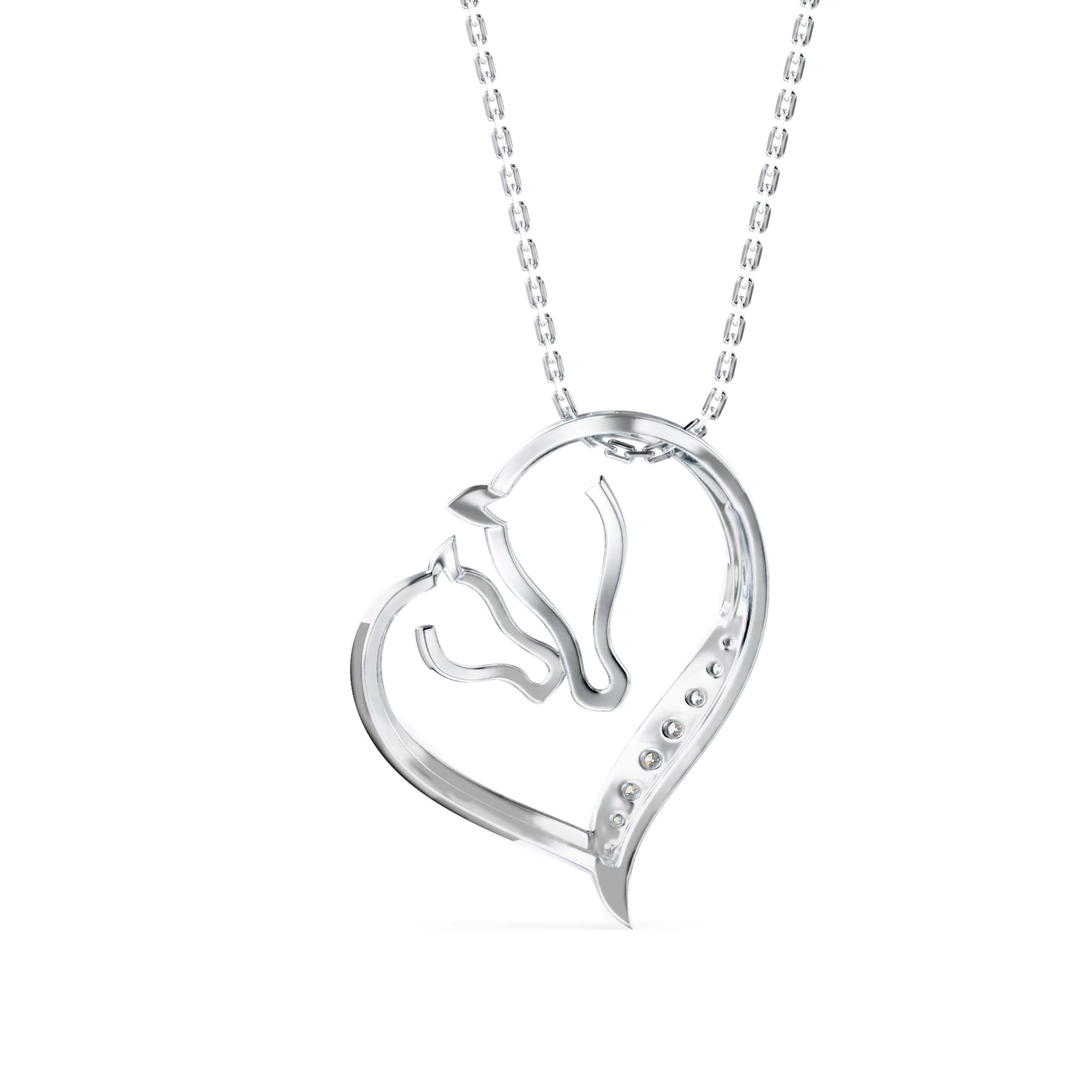 two horse heads shape diamond pendant necklace in white gold