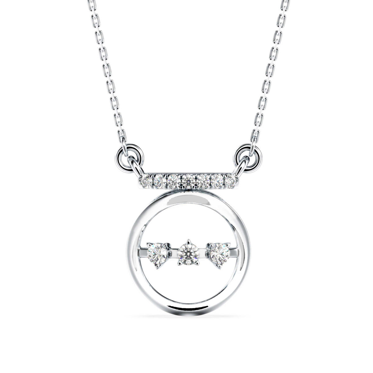 circle three stone lab-grown diamond pendant necklace in white gold