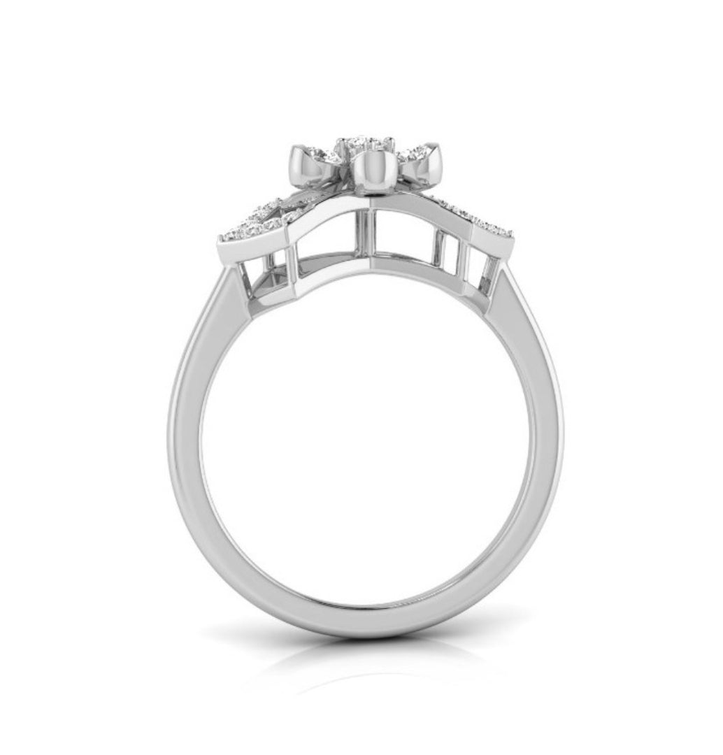 floral design round cut diamond ring in white gold