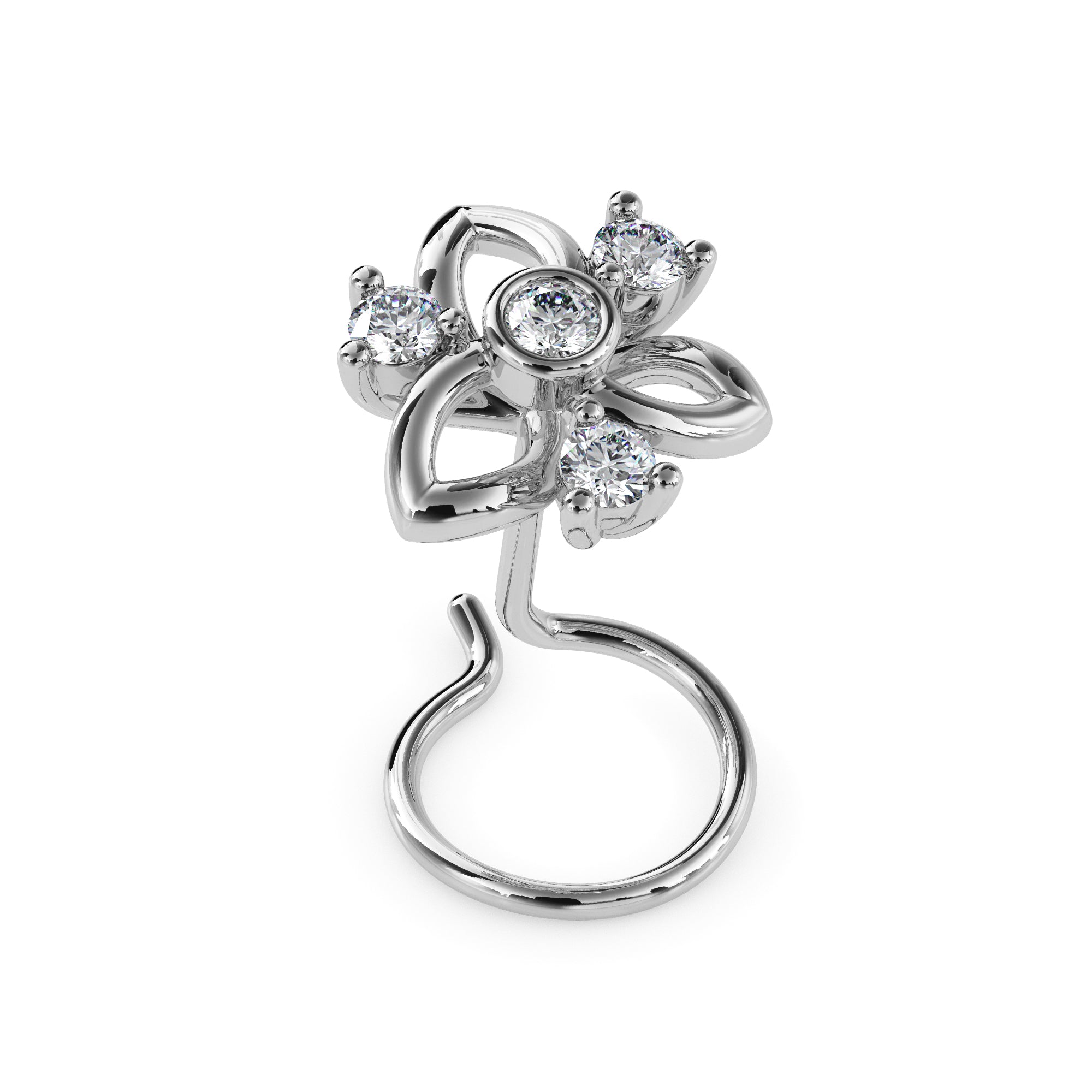 floral round bezel lab-grown diamond wire back stud nosepin in white gold