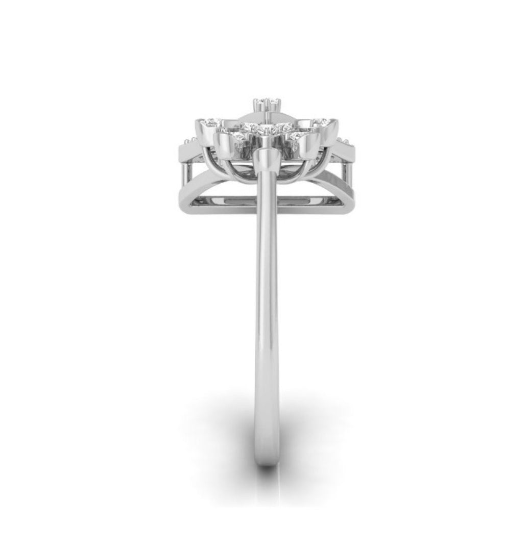 geometric floral diamond ring in white gold