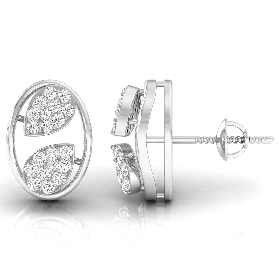 leaf design round diamond stud earrings in white gold