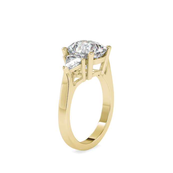 cushion three stone lab-grown diamond ring in yellow gold