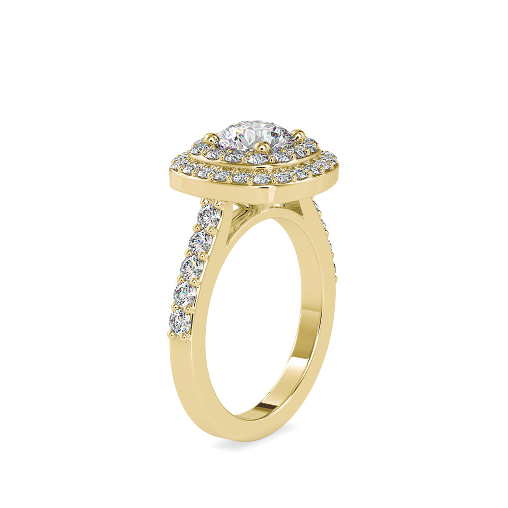 round cut double halo lab-grown diamond ring in yellow gold