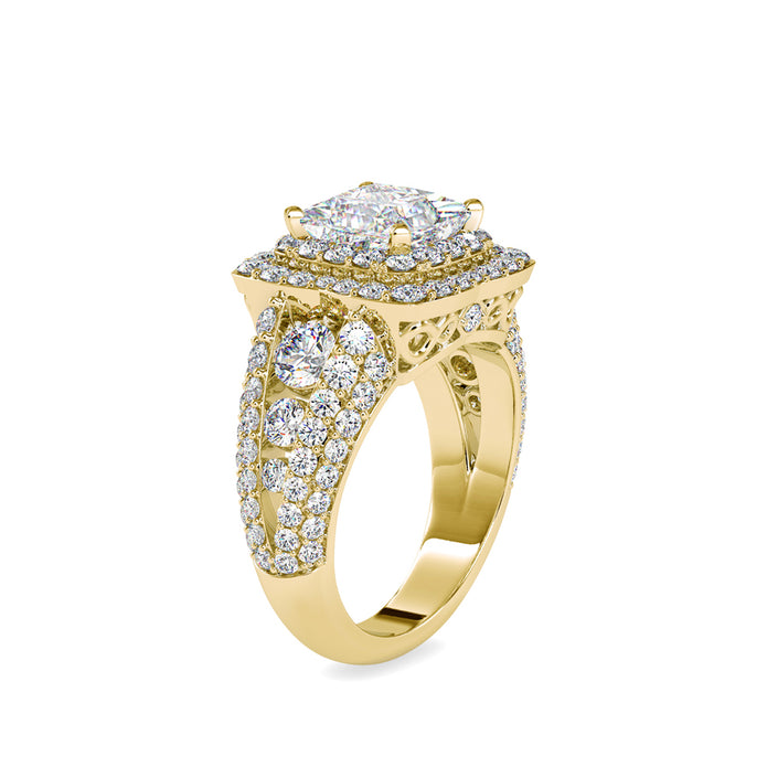 princess cut double halo lab-grown diamond ring in yellow gold