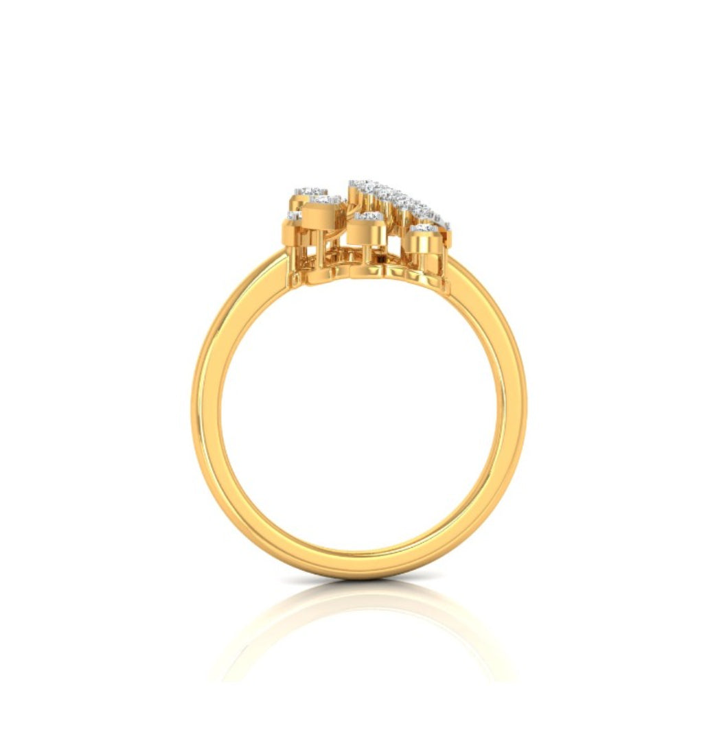 fan shape round cut lab-grown diamond ring in yellow gold
