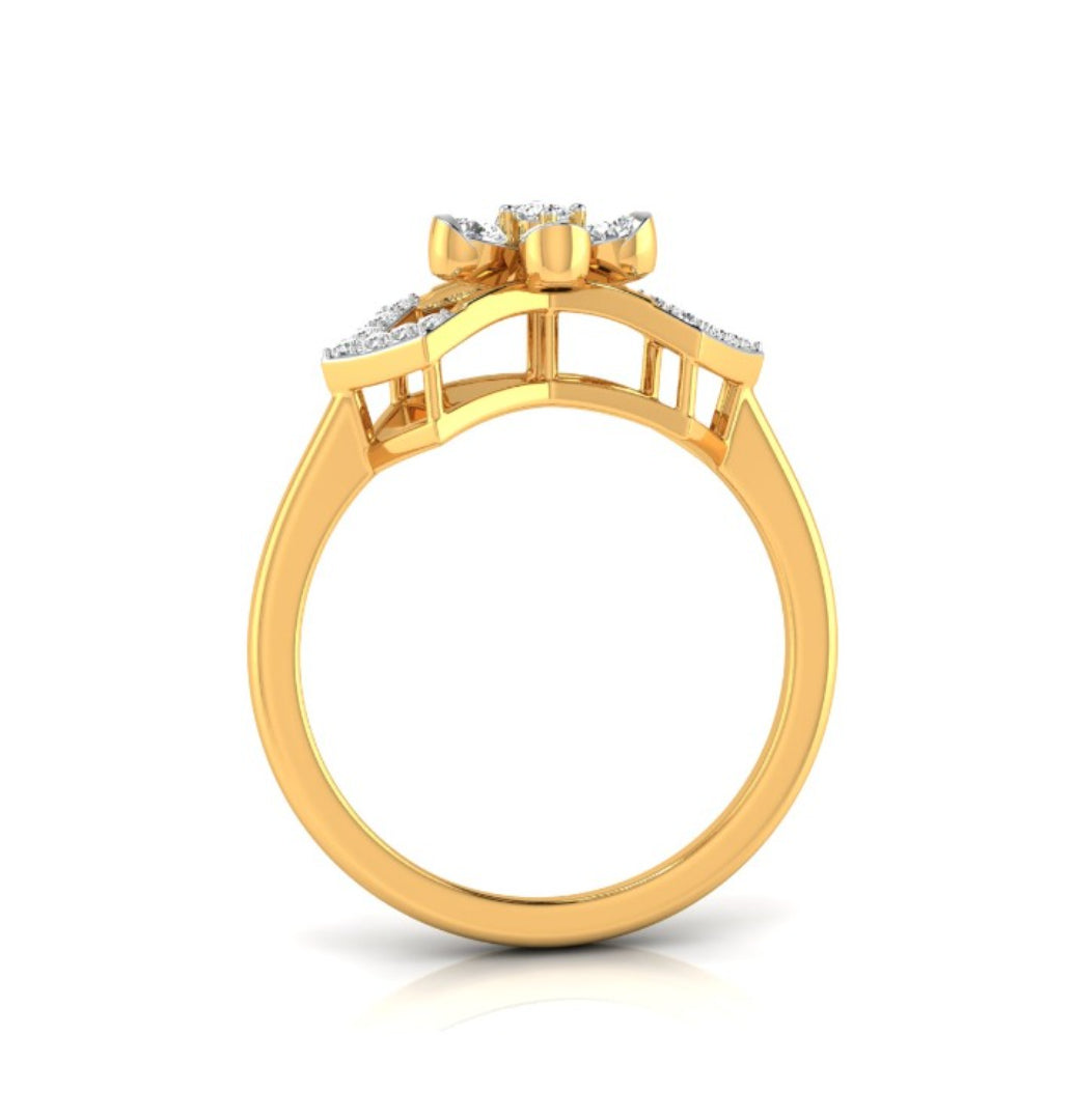 floral design round cut diamond ring in yellow gold