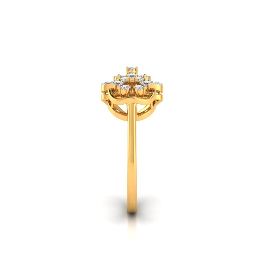 floral triangle circle diamond ring in yellow gold