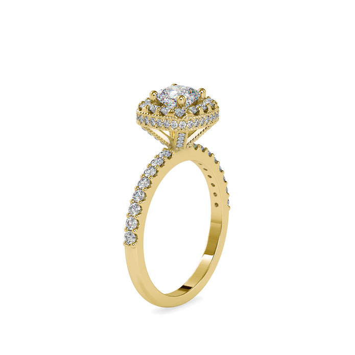 cushion halo lab-grown diamond ring in yellow gold