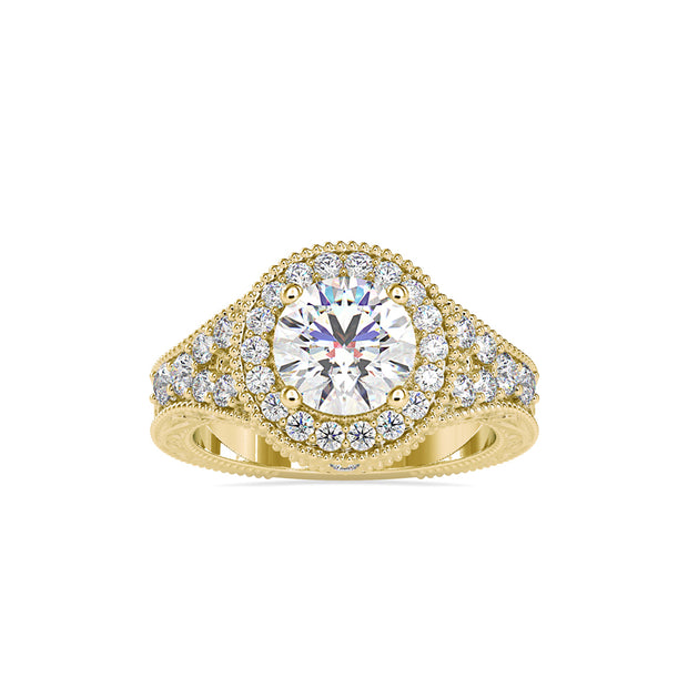 round cut halo lab-grown diamond ring in yellow gold