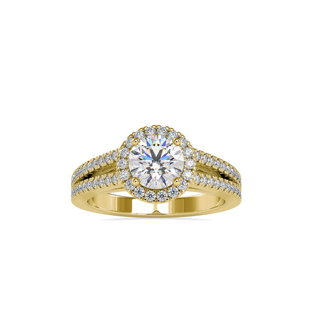 round cut halo lab-grown diamond ring in yellow gold