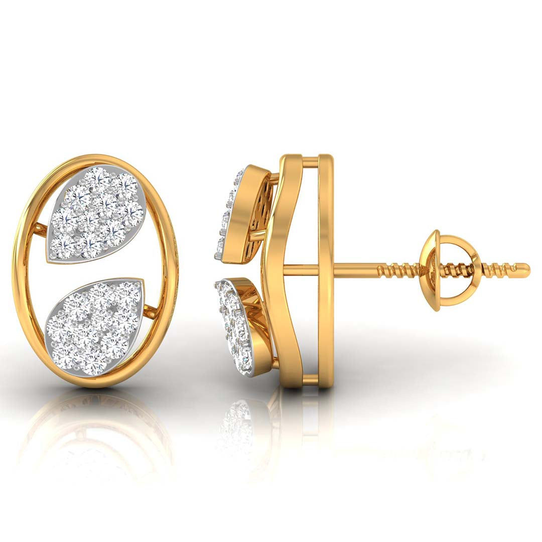 leaf design round diamond stud earrings in yellow gold