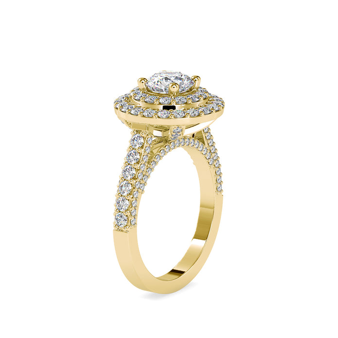 round cut double halo lab-grown diamond ring in yellow gold