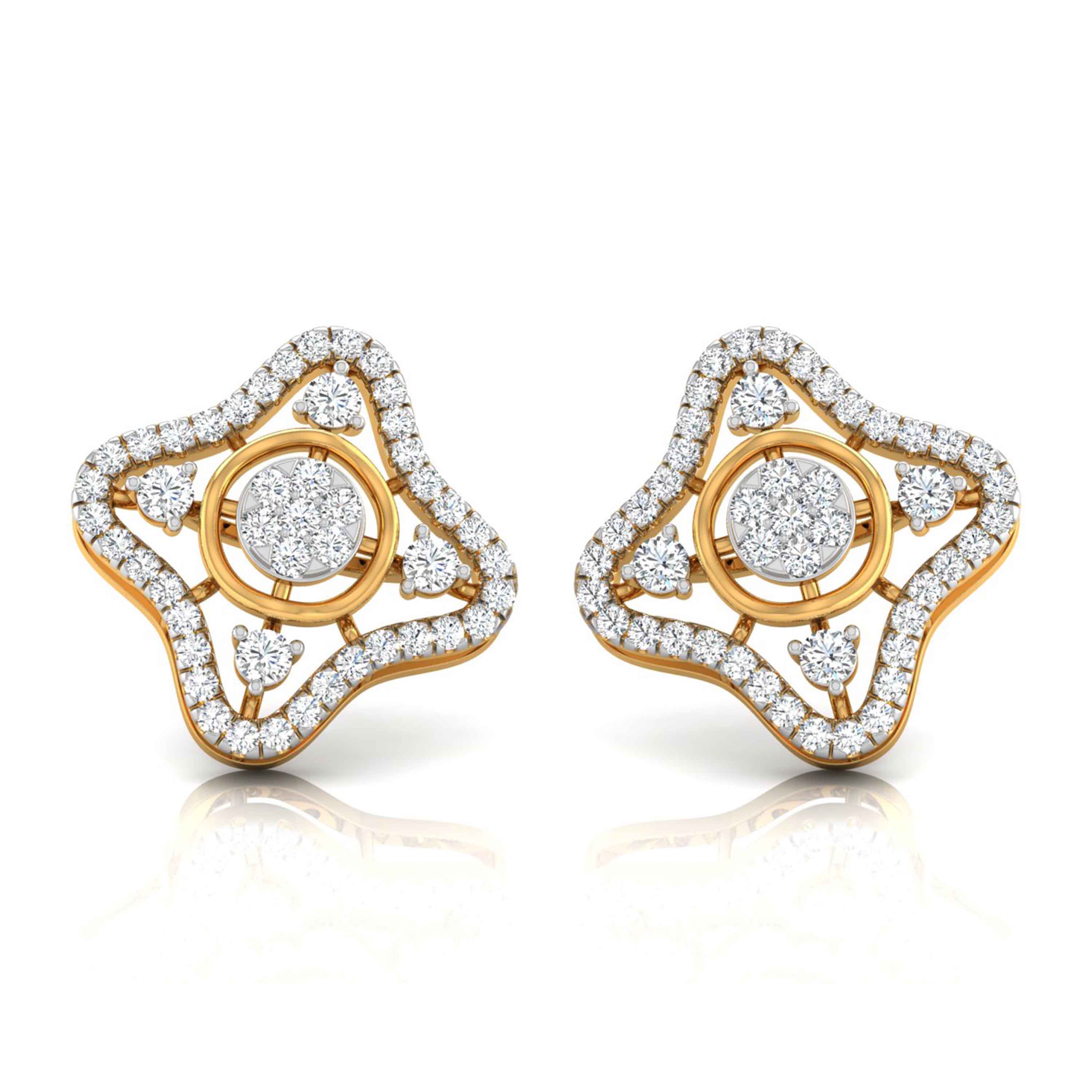 star shape round diamond stud earrings in yellow gold
