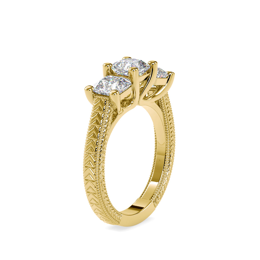 radiant cut three stone lab-grown diamond ring in yellow gold
